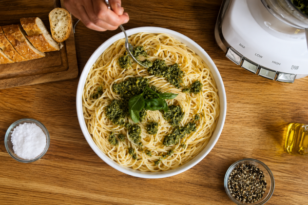 bowl of pasta with pesto