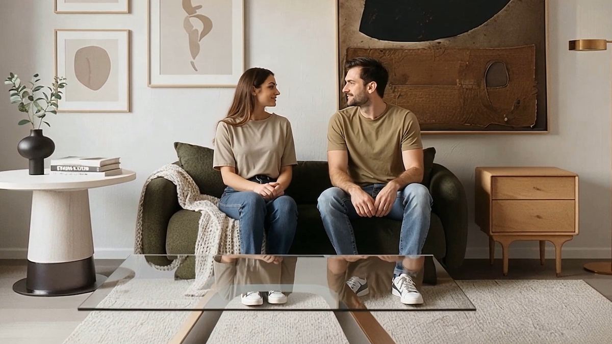 Man and woman on couch in living room from AI generated video.