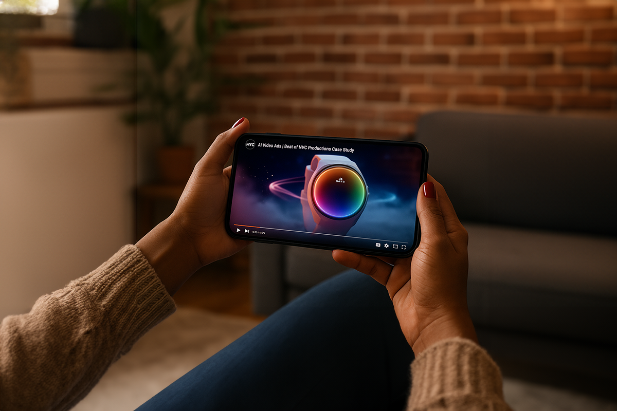 Woman sitting on couch watching video on her phone.