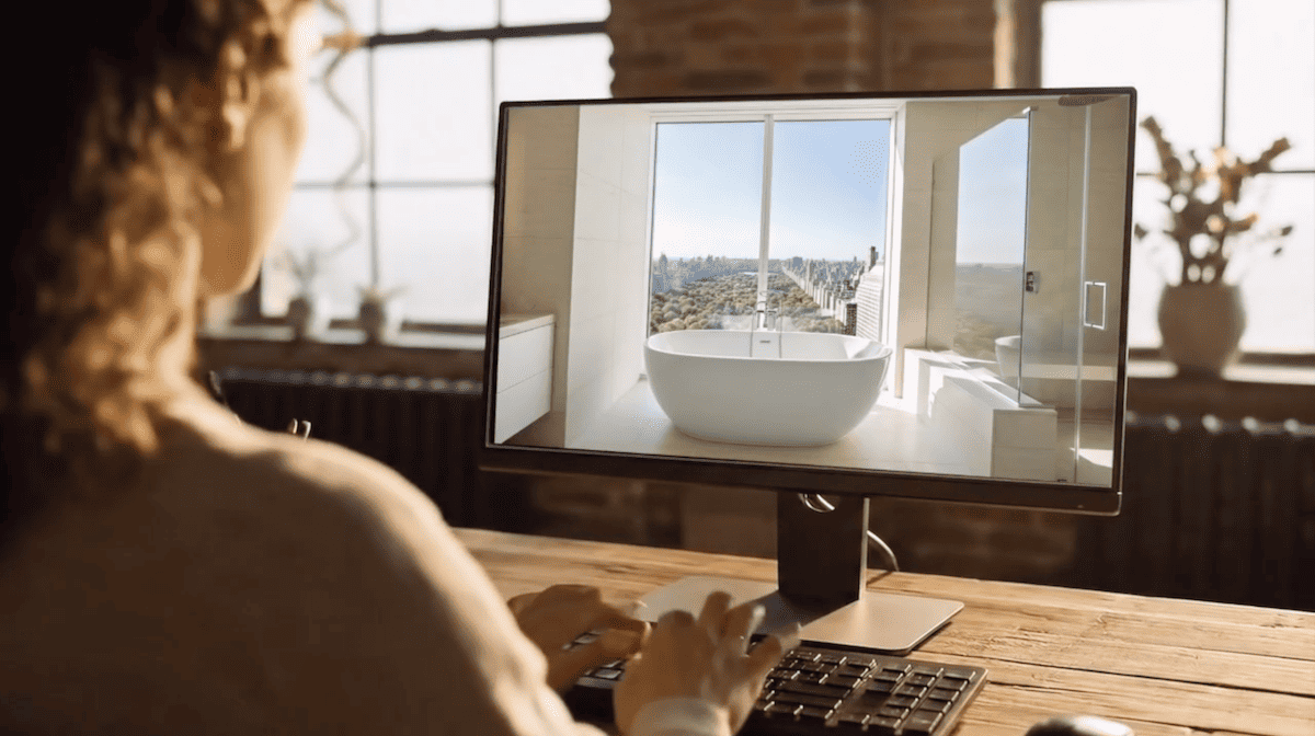 woman working on computer with real estate image on her monitor